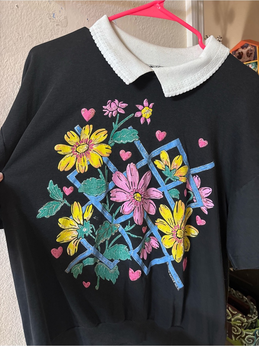 Vintage Black Floral Collared Sweater with Pink & Yellow Flowers
